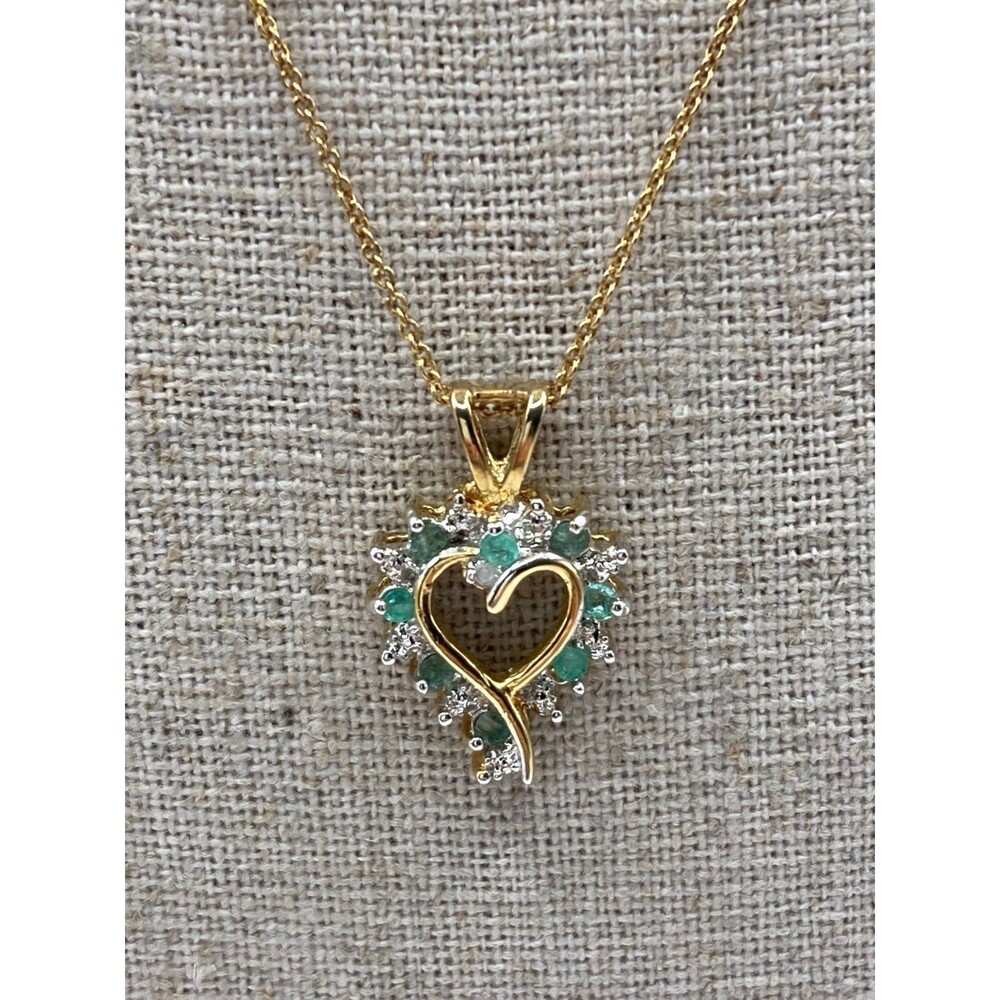 RSE 925 silver 14kt gold vermeil genuine emerald heart necklace 17.5"